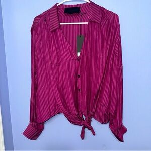 Vacate The Label Anthropologie‎ Button Down Front Tie Pink Silky Striped Top